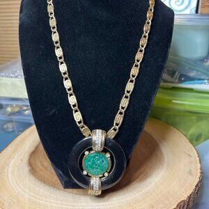 Vintage Craft Art Deco Style Faux Carved Jade Resin Crystal Necklace Gold Tone